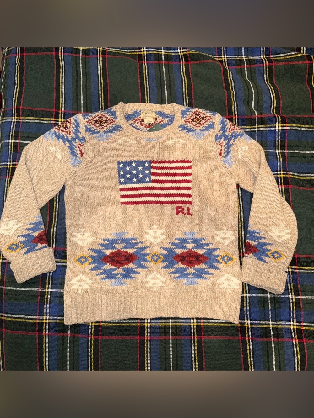 NWT RALPH LAUREN Beige American Flag Pattern Sweater Size Large - Picture 2 of 3